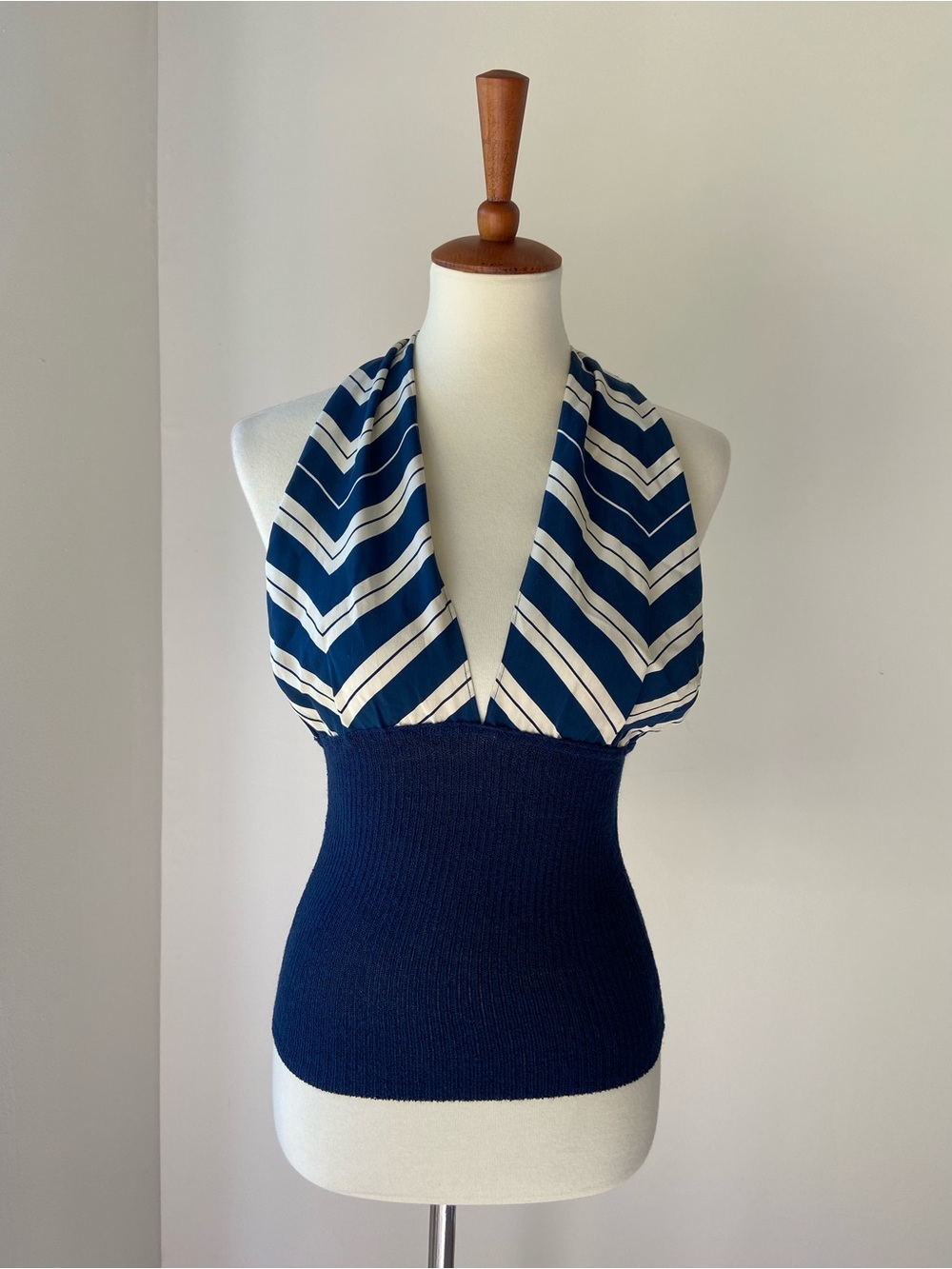 Vintage Moda International blue and cream knit halter sweater